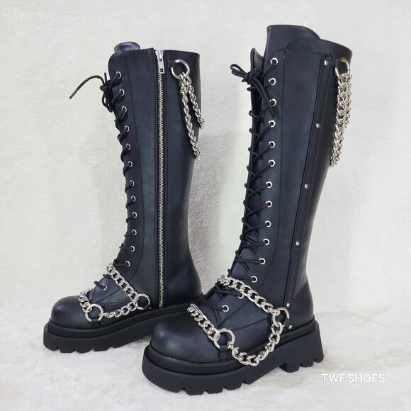Renegade Lace Up Draped Chain Combat Knee High Boots Goth Punk Rocker Biker Boot - Picture 1 of 10